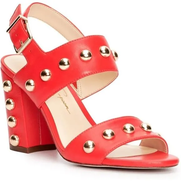 Jessica Simpson Womens Madrie Studded Leather Block Heels Red 9.5 NIB