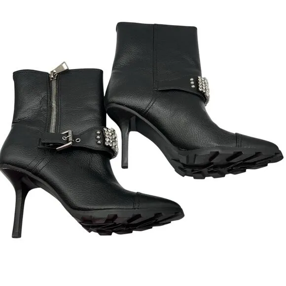 Karl Lagerfeld Mable Women 11 Buckle Rhinestone Leather Boots Black 4&quot; Heel New