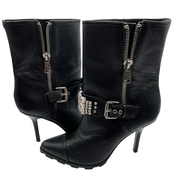Karl Lagerfeld Mable Women 11 Buckle Rhinestone Leather Boots Black 4&quot; Heel New