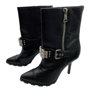 Karl Lagerfeld Mable Women 11 Buckle Rhinestone Leather Boots Black 4&quot; Heel New
