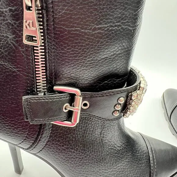Karl Lagerfeld Mable Women 11 Buckle Rhinestone Leather Boots Black 4&quot; Heel New