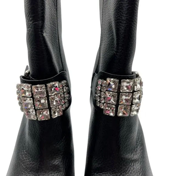 Karl Lagerfeld Mable Women 11 Buckle Rhinestone Leather Boots Black 4&quot; Heel New