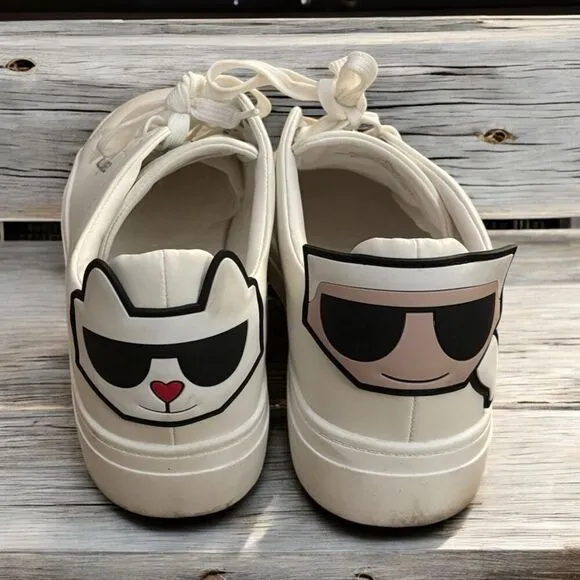 Karl Lagerfeld Paris Chella White Sneakers Cat &amp; Oldmen Logo Women Sz 9