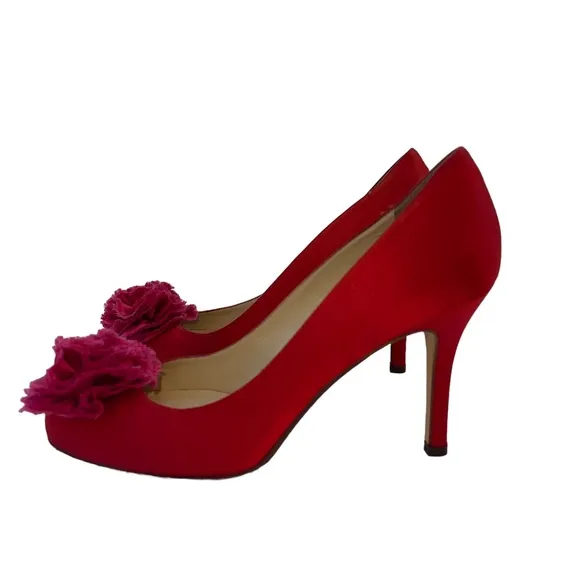 Kate Spade Red Satin Heels with Rosette Sz. 6