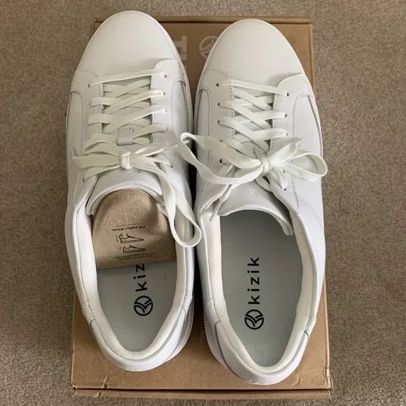Kizik Vegas Walking Shoes Sneaker W 12.5 M 11 White Leather Lace Up Hands Free
