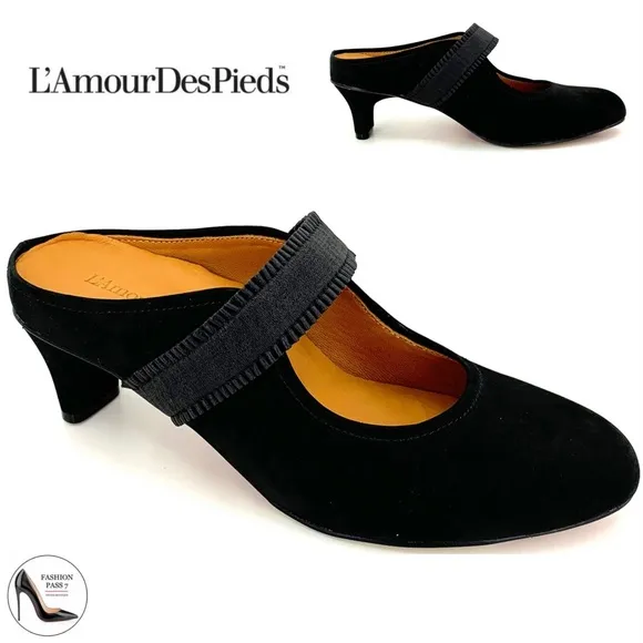 L'Amour Des Pieds Jadidia Women's Black Suede Leather Mule Heeled Shoe Pumps 9.5
