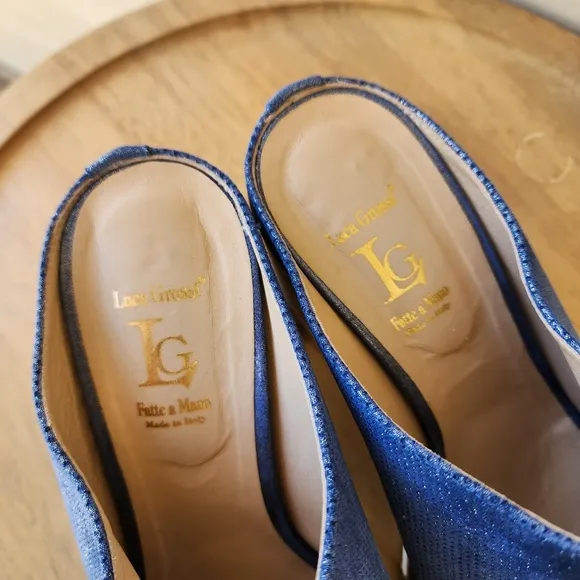 Luca Grossi blue heeled open toe mule shoes