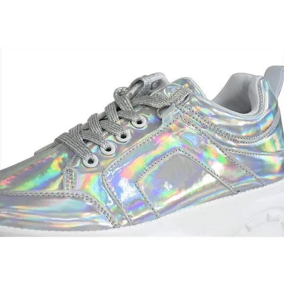 Lucky Step Walking Shoes Women Size(6-11) Hologram Silver Polyurethane Sneakers.