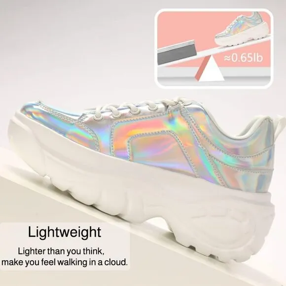 Lucky Step Walking Shoes Women Size(6-11) Hologram Silver Polyurethane Sneakers.