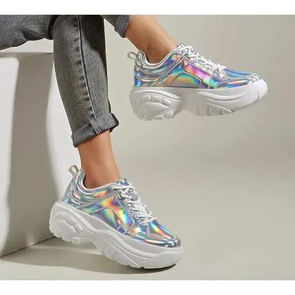Lucky Step Walking Shoes Women Size(6-11) Hologram Silver Polyurethane Sneakers.