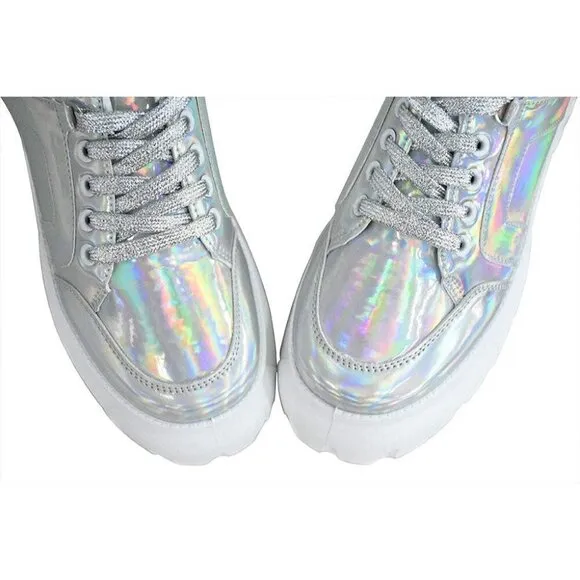 Lucky Step Walking Shoes Women Size(6-11) Hologram Silver Polyurethane Sneakers.