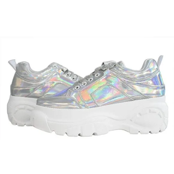 Lucky Step Walking Shoes Women Size(6-11) Hologram Silver Polyurethane Sneakers.