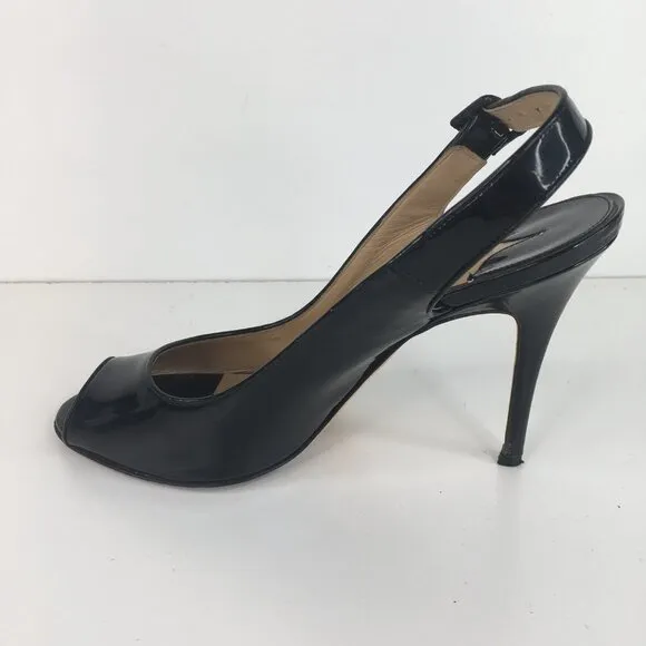 Manolo Blahnik Patent Leather Peep Toe Slingback Black Pumps Size 40.5