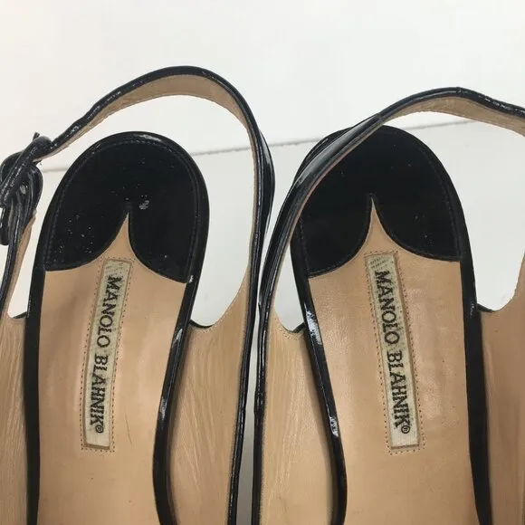 Manolo Blahnik Patent Leather Peep Toe Slingback Black Pumps Size 40.5