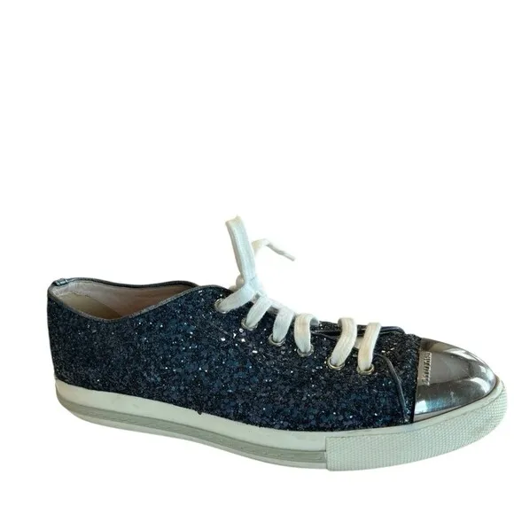 miu miu Glitter Sneakers Trainer with Silver Toe Cap Womens Sz 7.5 EUR 38.5 Navy