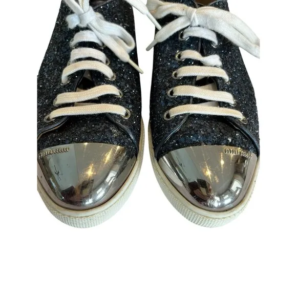 miu miu Glitter Sneakers Trainer with Silver Toe Cap Womens Sz 7.5 EUR 38.5 Navy