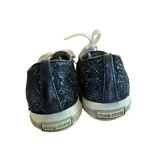 miu miu Glitter Sneakers Trainer with Silver Toe Cap Womens Sz 7.5 EUR 38.5 Navy