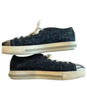 miu miu Glitter Sneakers Trainer with Silver Toe Cap Womens Sz 7.5 EUR 38.5 Navy