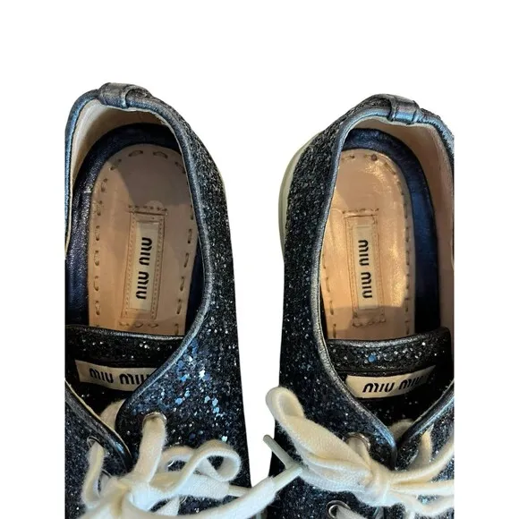 miu miu Glitter Sneakers Trainer with Silver Toe Cap Womens Sz 7.5 EUR 38.5 Navy