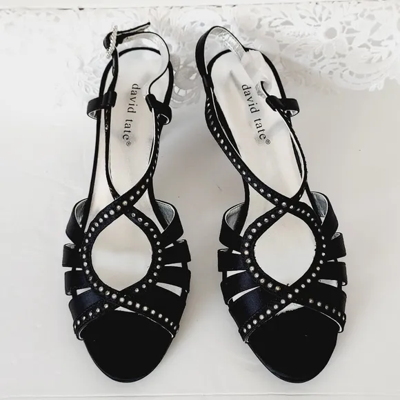 ⤵️NEW! David Tate  black open toe block heel Slingbacks with rhinestones *8M