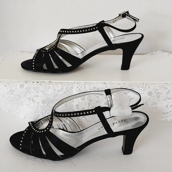 ⤵️NEW! David Tate  black open toe block heel Slingbacks with rhinestones *8M
