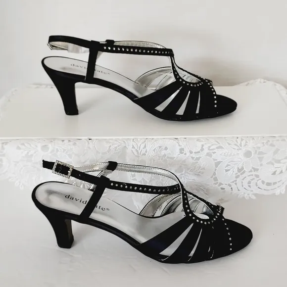 ⤵️NEW! David Tate  black open toe block heel Slingbacks with rhinestones *8M