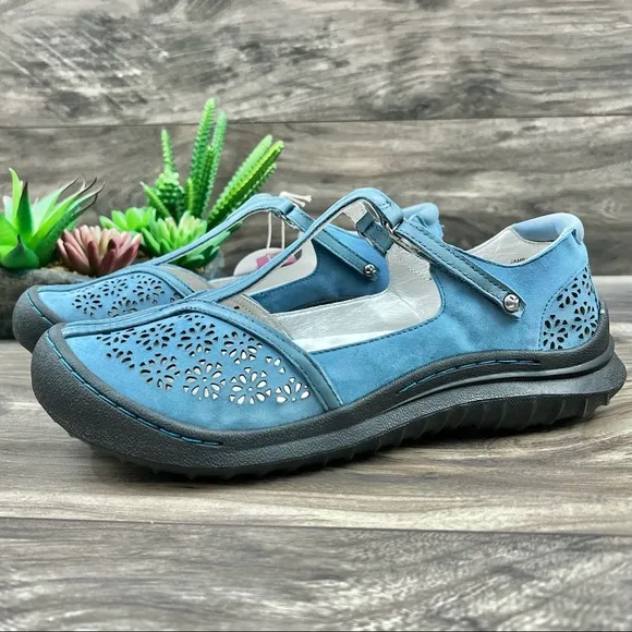 NIB Jambu 8W WIDE Creek T-Strap Leather Mary Jane Comfort Shoes Flats Denim
