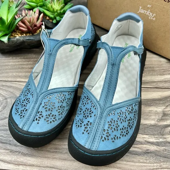 NIB Jambu 8W WIDE Creek T-Strap Leather Mary Jane Comfort Shoes Flats Denim