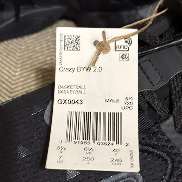 NWT Adidas Crazy BYW 2.0 Basketball Triple Black Sneakers/Shoes GX0043 Size 7