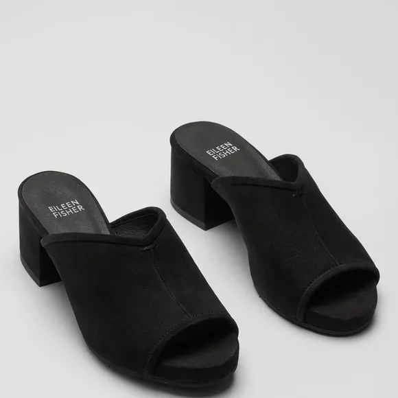 NWT Eileen Fisher Women's Black Block Heel Mules Fala Tumbled Nubuck Mule 6.5