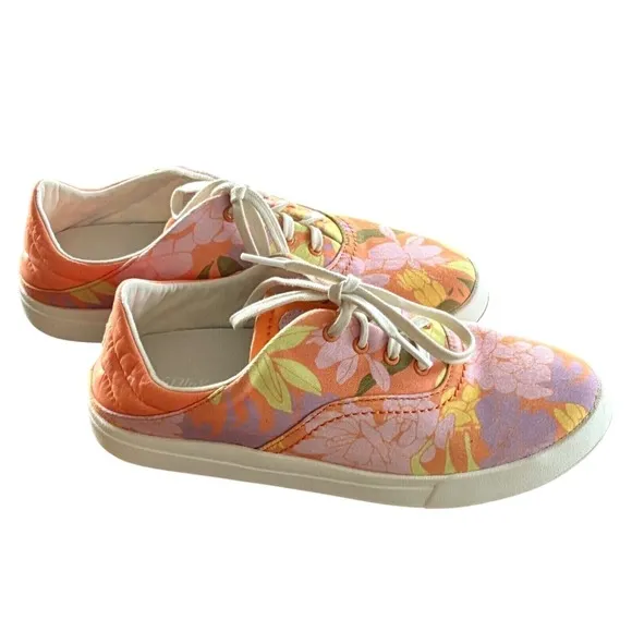 OLUKAI Kohu Coral Lei Hawaiian Floral Print Sneakers Drop-In Heel Shoes SZ 7 EUC