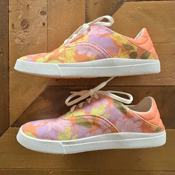 OLUKAI Kohu Coral Lei Hawaiian Floral Print Sneakers Drop-In Heel Shoes SZ 7 EUC