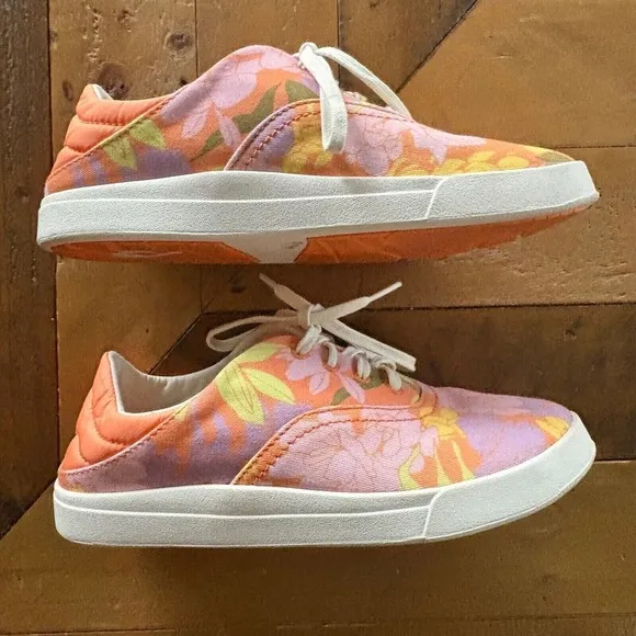 OLUKAI Kohu Coral Lei Hawaiian Floral Print Sneakers Drop-In Heel Shoes SZ 7 EUC