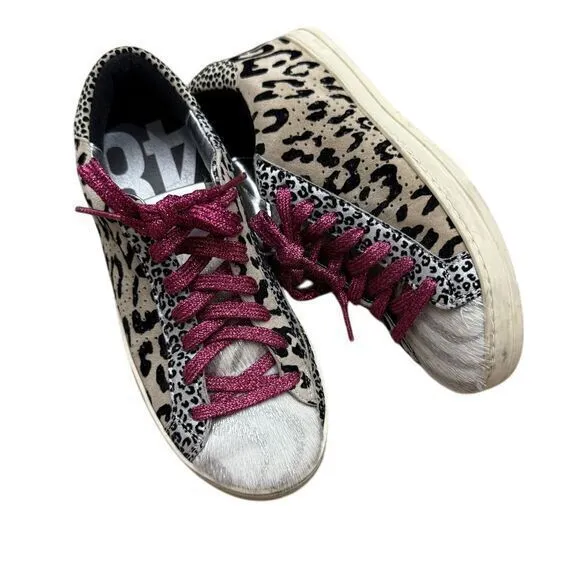P448 Leopard Print Sneakers Metallic Pink Laces and White Fur‎ Detail Size 37