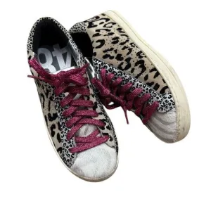 P448 Leopard Print Sneakers Metallic Pink Laces and White Fur‎ Detail Size 37