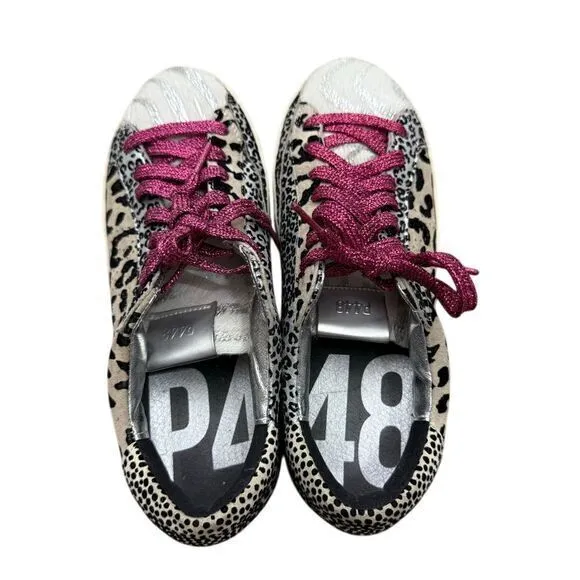 P448 Leopard Print Sneakers Metallic Pink Laces and White Fur‎ Detail Size 37