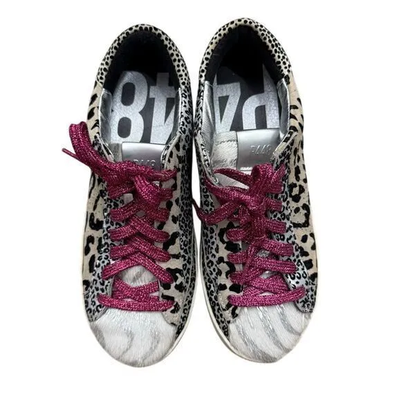 P448 Leopard Print Sneakers Metallic Pink Laces and White Fur‎ Detail Size 37