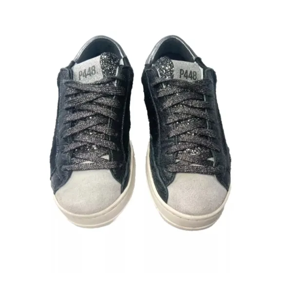 P448 Women's John Calf Hair Lace Up Sneakers Size 6 Shoes EU 36 Black