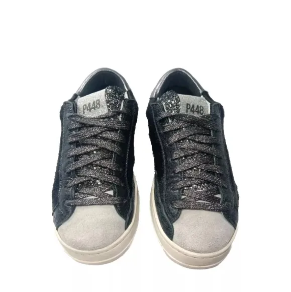 P448 Women's John Calf Hair Lace Up Sneakers Size 6 Shoes EU 36 Black