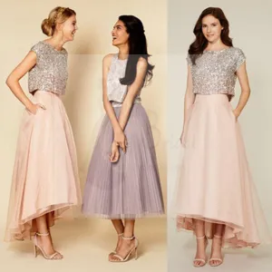 Pretty Two Pieces Cap Sleeve Sequin Top Organza Long Bridesmaid Dresses Cheap Prom Dresses, WG38