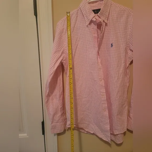 Ralph Lauren Pink White Checkered Long Sleeve Cotton Blue Horse Logo Shirt