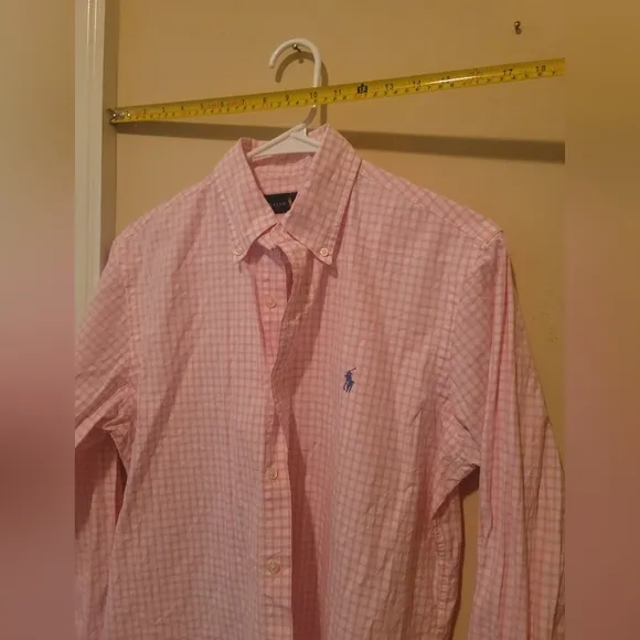 Ralph Lauren Pink White Checkered Long Sleeve Cotton Blue Horse Logo Shirt