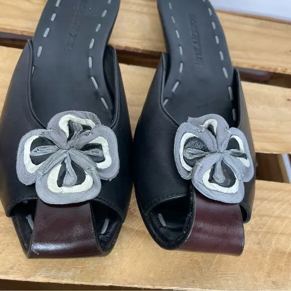 Robert Zur black floral leather mule slip on flat shoes Women's size 9M