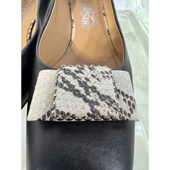 Salvatore Ferragamo Low Heel Pumps In Vara Leather And Snakeskin Bow US 9.5 M