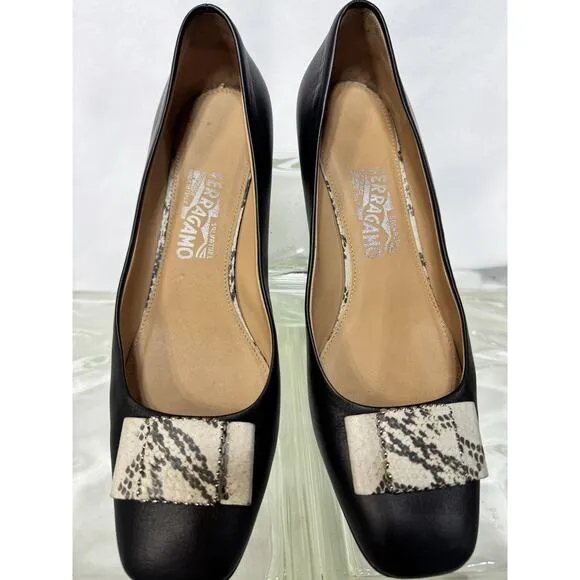 Salvatore Ferragamo Low Heel Pumps In Vara Leather And Snakeskin Bow US 9.5 M
