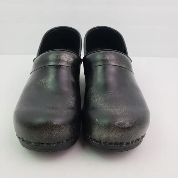 Sanita Womens Size EU 42 US 11 Black Silver Leather Slip On Work Clog Shoes