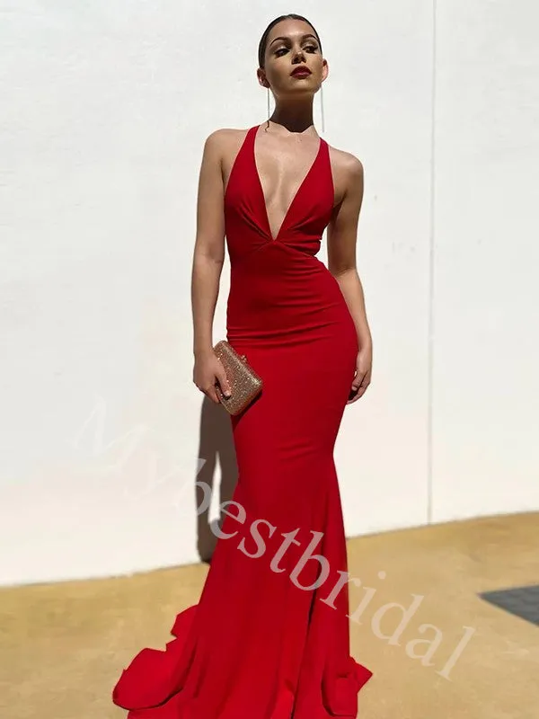 Sexy Halter V-neck Sleeveless Mermaid Prom Dresses,PDS0971