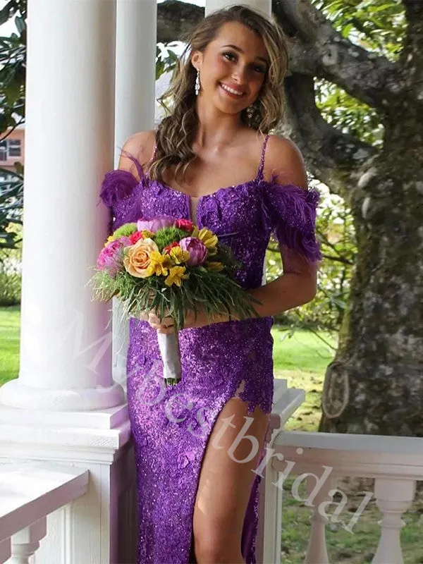 Sexy Off shoulder Sleeveless Side slit Sheath Prom Dresses,PDS0997