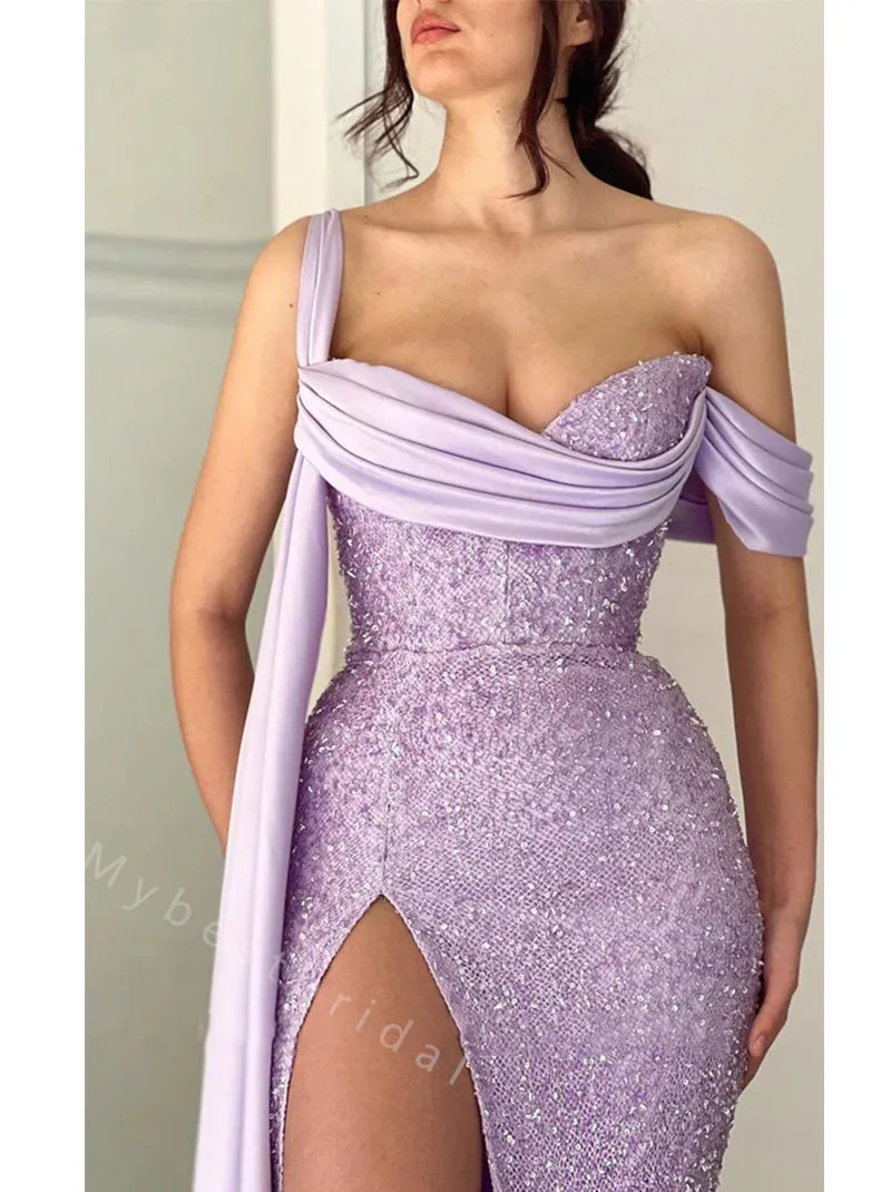 Sexy One shoulder Side slit Mermaid Long Floor Length Prom Dress,PDS11482