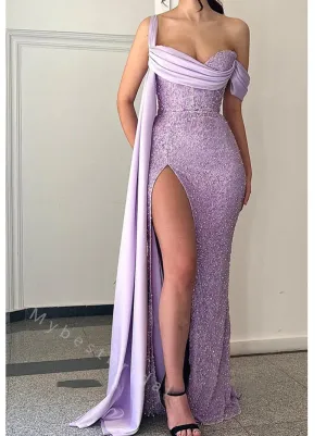 Sexy One shoulder Side slit Mermaid Long Floor Length Prom Dress,PDS11482